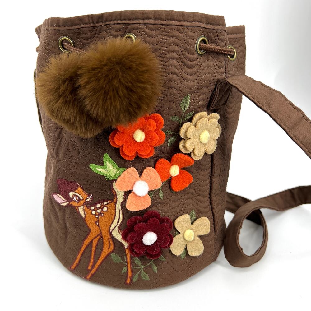 Disney Parks Bambi Quilted Embroidered Bucket Bag Purse Pom Pom Flower Applique